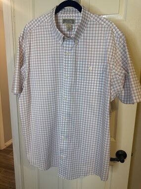 Duluth Trading Co White Button-Up Shirt with Blue and Red Check